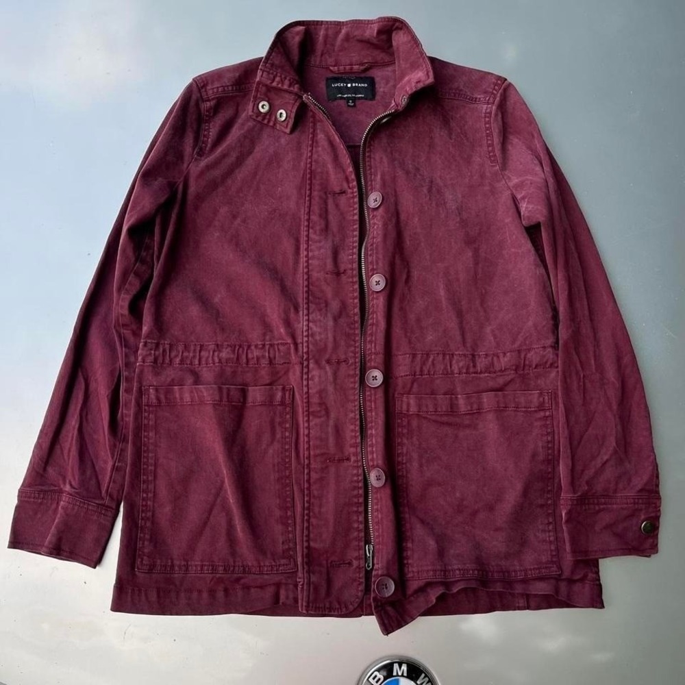 Burgundy Lucky Brand jacket solid zip button front